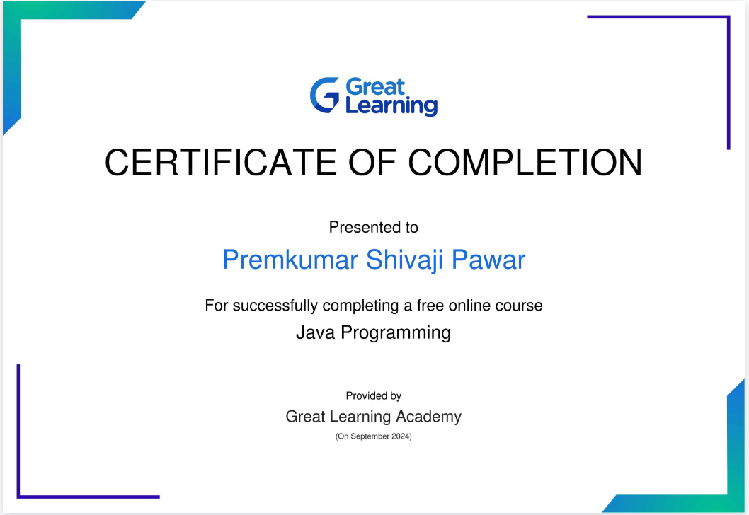 Great Learning Java Certificate